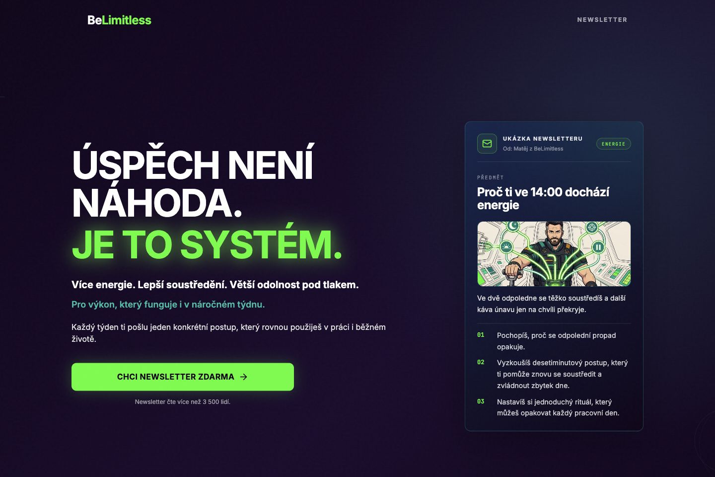 The BeLimitless website with a newsletter sample and a free subscription invitation